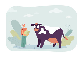 Wall Mural - Cartoon girl feeding leaves to cow. Female character working on farm flat vector illustration. Agriculture, nature, farming, domestic animals concept for banner, website design or landing web page