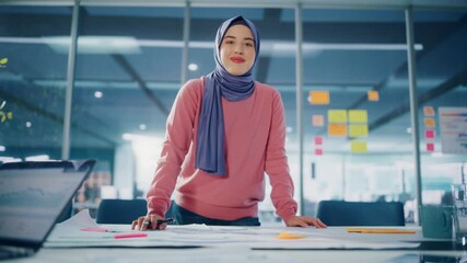 Aufkleber - Modern Office: Portrait of Muslim Businesswoman Wearing Hijab Works on Engineering Project, Does Document and Blueprints Analysis. Empowered Digital Entrepreneur Works on e-Commerce Startup Project