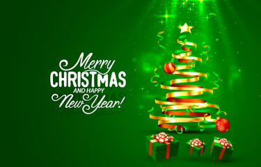 Wall Mural - Merry Christmas Happy New Year tree with toys, card banner. Vector