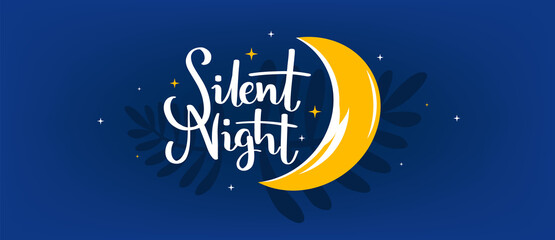 Vector night illustration of wish lettering silent night on blue sky background with star and light moon. Art design with text and leaf