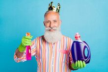 Photo Of Aged Man Happy Positive Smile Cleaner King Hold Bottle Wash Clean Liquid Isolated Over Blue Color Background