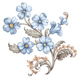 Fototapeta Dinusie - Vintage flower blue forget me not Baroque Victorian frame border floral ornament vector summer spring scroll engraved pattern decorative design tattoo filigree 