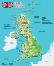 Physical Map Of The United Kingdom. High Detailed Map Of England, Scotland And Ireland With Labeling. Vector Illustration.