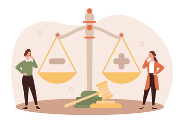 Legal decisions concept. Two girls standing near scales. Weigh pros and cons. Decision making, assessment of prospects, balance. Cartoon flat vector illustration isolated on white background