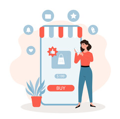 Poster - Woman buy online. Internet trading, mobile application. Girl selects goods on screen of smartphone. Basket, goods, shopping, store. Cartoon flat vector illustration isolated on white background