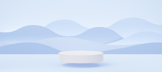 Wall Mural - Empty white cylinder podium floating on blue wave background. Abstract pastel minimal studio 3d geometric shape. Mockup space for display of product design. Paper cut style. 3d rendering.