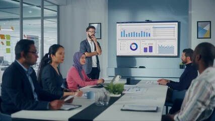 Poster - Diverse Office Conference Room Meeting: Successful Hispanic Top Manager Presents e-Commerce Software Company Growth Statistics to a Group of Investors. Wall TV with Big Data Analysis, Infographics