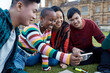 © Austockphoto - Group of young university students hanging out on grass studying and viewing mobile device