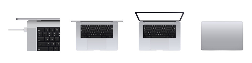 Poster - Laptop realistic computer in mockup style. Isometric, frontal, top view, perspective. Side, top view and isometric. Vector collection Mockups generic device. Template notebook for presentation