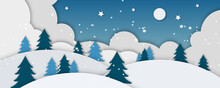 Winter Landscape With Deer Paper Cut-out And Fir Trees In Snow. Festive Horizontal Banner With Text Merry Christmas, Village And Flying Santa's Sleigh In Night Sky With Stars, Snowfall And Moon.