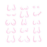 Vetor de Different types of hand drawn breasts. Boobs set. Pink marker pen.  Vector illustration, flat design do Stock
