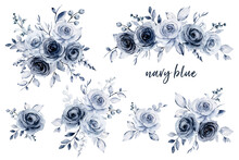 Navy Blue Flowers Watercolor Set, Floral Clip Art. Bouquet Roses Perfectly For Printing Design On Invitations, Cards, Wall Art And Other. Arrangement Isolated On White Background. Hand Painting.