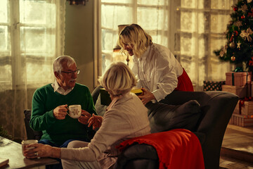 Wall Mural - Daughter surprising her parents with Christmas present.