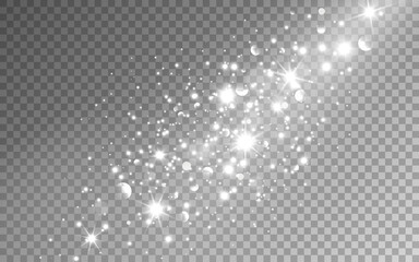 Poster - Silver sparkles. White stardust effect. Christmas light with glitter and silver stars. Magic glowing particles for greeting card, poster or brochure. Vector illustration