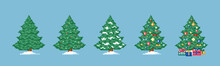 Pixel Art Christmas Tree Set. 8 Bit Video Game Decorations Collection With Deferent Types Of Christmas Trees. Vector Isolated Vintage Icon.
