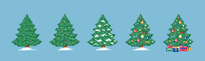 pixel art christmas tree set. 8 bit video game decorations collection with deferent types of christm