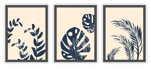 Poster - Aesthetic collection of posters. Minimalistic art with textured leaves and branches. Organic posters for social networks and wall decoration. Cartoon flat vector set isolated on light background