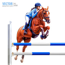 Jockey On Horse. Champion. Horse Riding. Equestrian Sport. Jockey Riding Jumping Horse. Poster. Sport Background. Isolated Vector Illustration