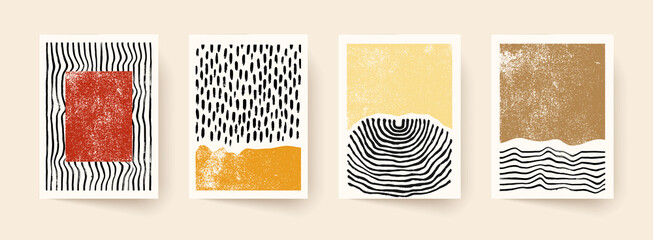 Set of abstract hand drawn compositions. Minimal geometric posters. Boho wall decor.