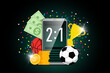 Online sport betting mobile app banner design template with statistics scoreboard on smartphone screen and soccer basketball ball, trophy award cup and winner dollar coins. Bookmaker promo advertising