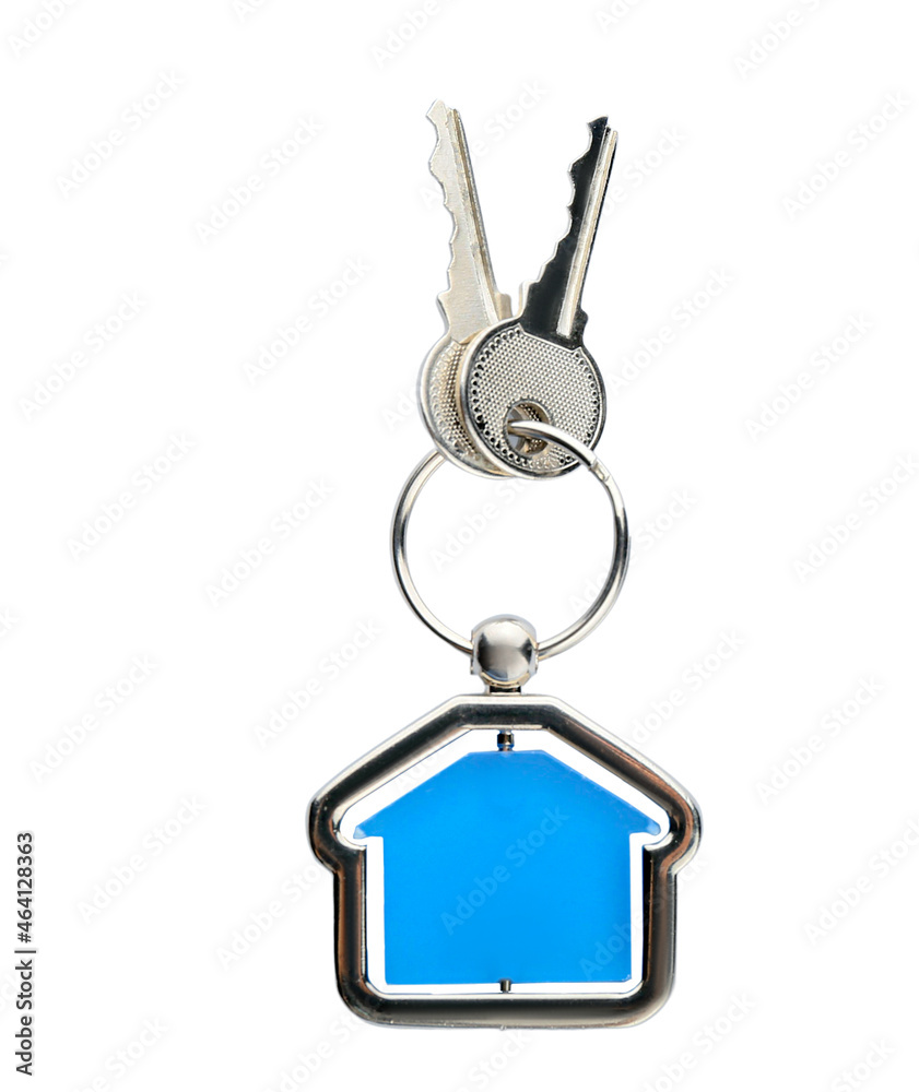 House keys with house shaped keychain on white background
