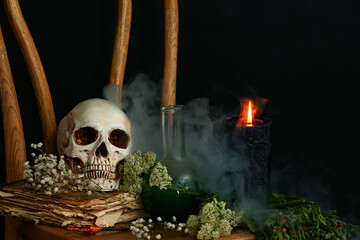 Witch's grimoire, candle, skull and ingredients for potion on dark background