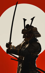 Wall Mural - silhouette of samurai . 3D illustration of the upper body silhouette of a man wearing Japanese armor and holding a sword.