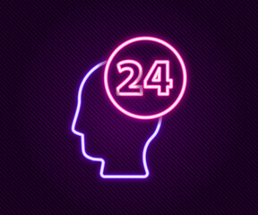 Poster - Glowing neon line Support operator in touch icon isolated on black background. Concept for call center, client support service. Colorful outline concept. Vector