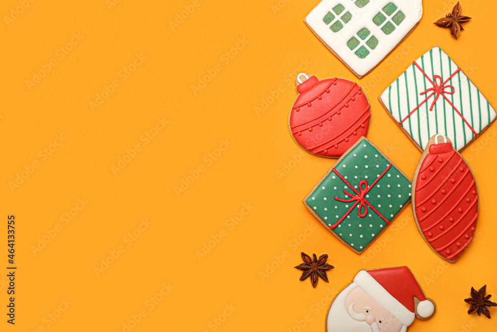 Beautiful cookies for Christmas celebration on color background