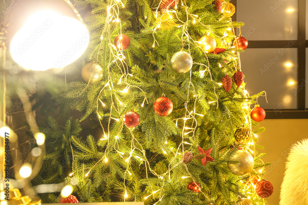 Interior of stylish living room with Christmas tree