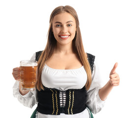 Young Octoberfest waitress with beer showing thumb-up on white background