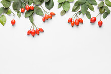 Composition With Fresh Rose Hip Berries And Leaves On White Background
