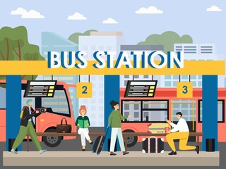 Bus station terminal, flat vector illustration. Passengers with book, camera, suitcase waiting for bus