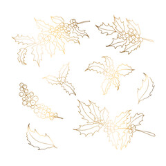 Wall Mural - Holly berry icon, linear gold pattern. Christmas shiny symbol. Vector illustration isolated on white background.