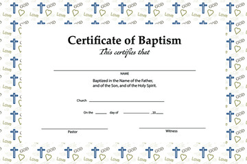 Wall Mural - Certificate of baptism template with the inscription God Love and bible symbol pattern seamless. 