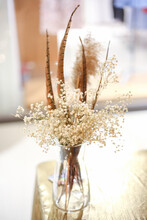 White Dried Flowers In A Vase. Beautiful Artificial Flowers.