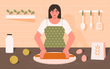 Woman cooking, preparing homemade food, baking in the kitchen interior. Cute girl in apron making dough, apple pie by recipe in a home bakery. Ingredients on the table. Flat vector illustration