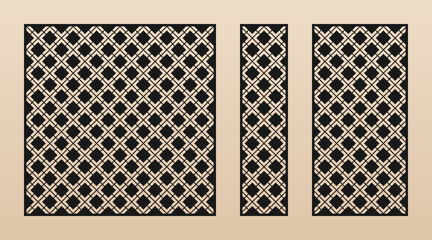 Laser cut patterns. Abstract geometric pattern with square grid, net, mesh, lattice, diamond shapes. Decorative stencil for laser cutting of wood, metal, paper, plastic. Aspect ratio 1:1, 1:4, 1:2