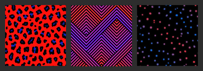 Vector geometric seamless patterns collection. Trendy abstract sport style graphic textures set. Backgrounds in vibrant neon colors. Leopard print, colorful zigzag lines, stripes, chevron, spots, dots