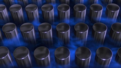 Nuclear fuel rods. Fuel cells. Nuclear reactor, power plant fuel rods in cooling pool . Shiny silver chrome tanks . Cylinder array . 3d render illustration