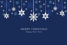Merry Christmas Greeting Card, Design Of Xmas With Snowflakes Hanging On Blue Christmas Background.