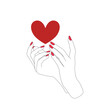 Kobiece dłonie trzymające czerwone serce. Koncept miłości, przyjaźni, dobroczynności, darowizny. Minimalistyczny design na walentynki, kartki okolicznościowe, wesele, małżeństwo. Ilustracja wektorowa.