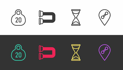 Sticker - Set line Kettlebell, Chest expander, Old hourglass and Location gym on black and white. Vector