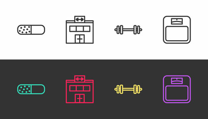 Sticker - Set line Vitamin pill, Gym building, Barbell and Bathroom scales on black and white. Vector