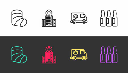 Sticker - Set line Gypsum, Medical hospital building, Emergency car and vial, ampoule on black and white. Vector