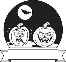 Wall Mural - Black and white illustration of two Jack O Lanterns under a full moon with a flying bat and a banner.