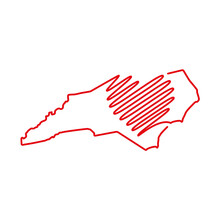 North Carolina US State Red Outline Map With The Handwritten Heart Shape. Continuous Line Drawing Of Patriotic Home Sign. A Love For A Small Homeland. T-shirt Print Idea. Vector Illustration.
