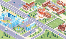 Isometric Illustration Of Campus University Environment Complex, There Is A Campus Garden As A Green Area And The Building Is Neatly Arranged