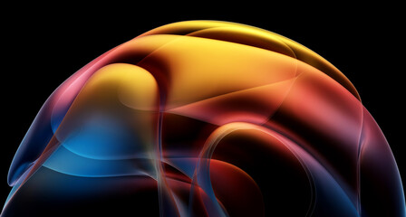 3d render of abstract art with part of surreal alien flower in curve wavy organic elegance biological lines forms in transparent glowing material in blue yellow and orange gradient color on black