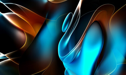 3d render of abstract art with part of surreal alien flower in curve wavy organic elegance biological lines forms in transparent glowing metal material in blue and orange gradient color on black